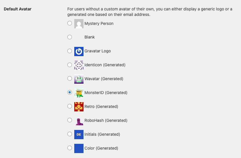 Default Avatar setting on the WordPress Discussions settings page