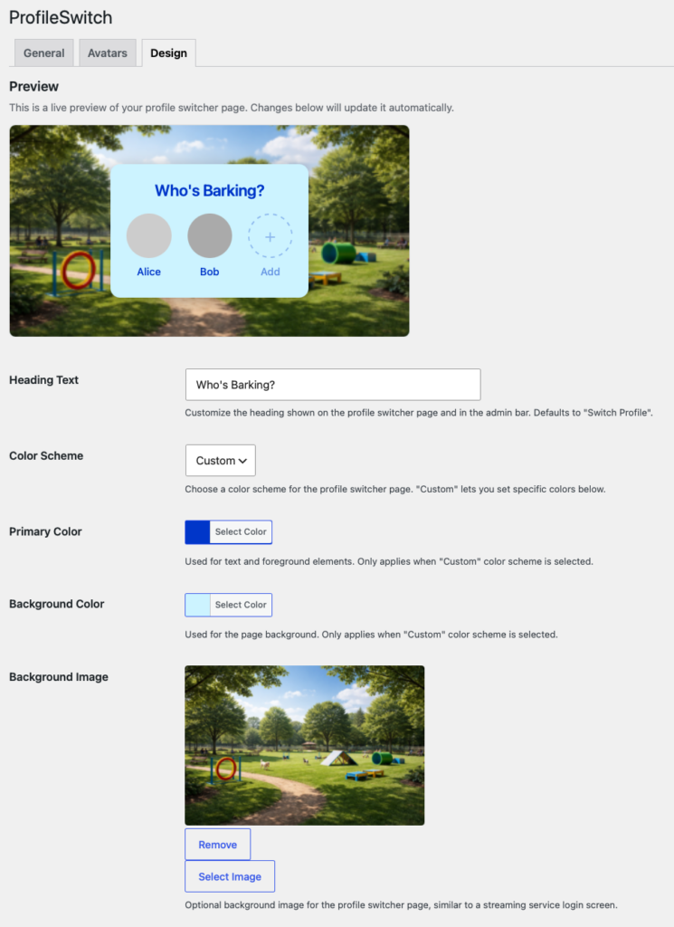 ProfileSwitch Design settings tab with live preview