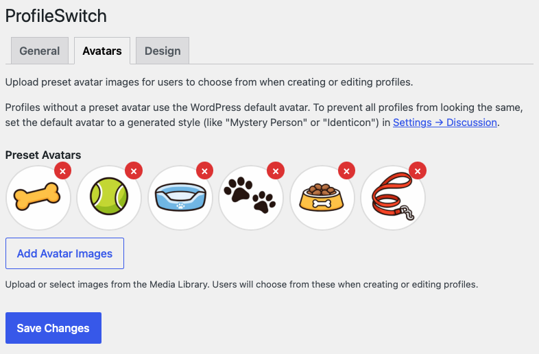 ProfileSwitch Avatars settings tab showing uploaded preset avatars