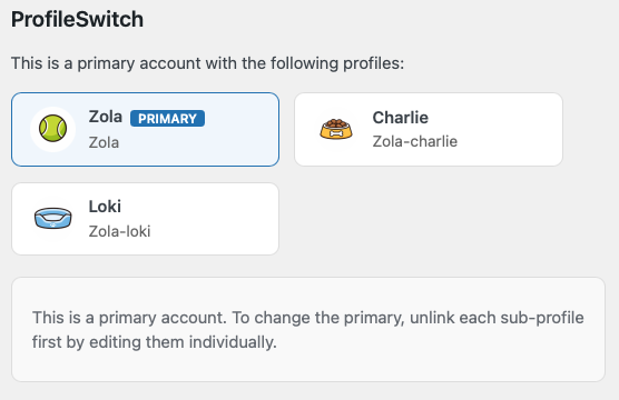 Screenshot of the ProfileSwitch section on the Edit User page.