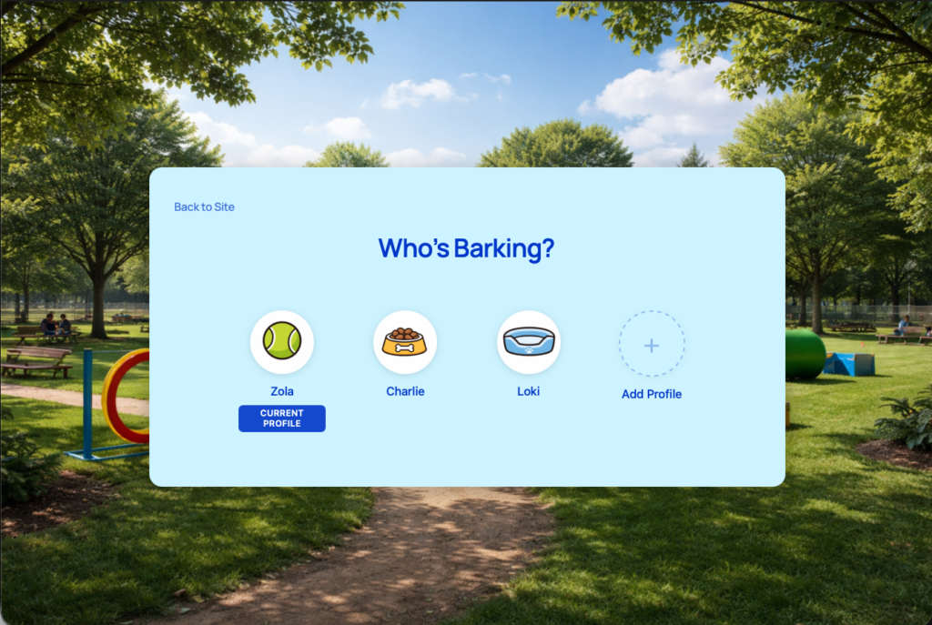 ProfileSwitch profile picker showing family member profiles on a WordPress site
