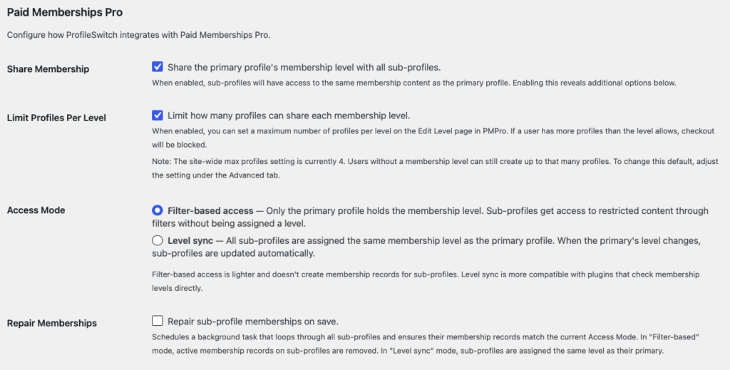 Screenshot of the Paid Memberships Pro integration settings