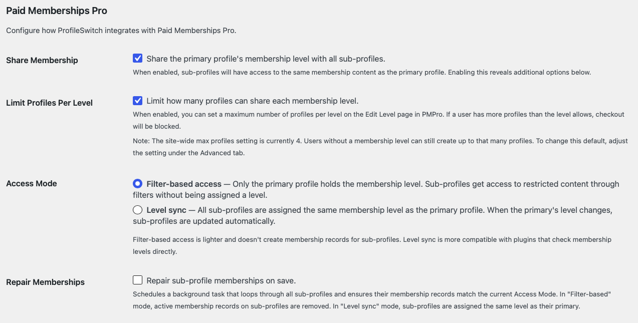 Screenshot of the Paid Memberships Pro integration settings
