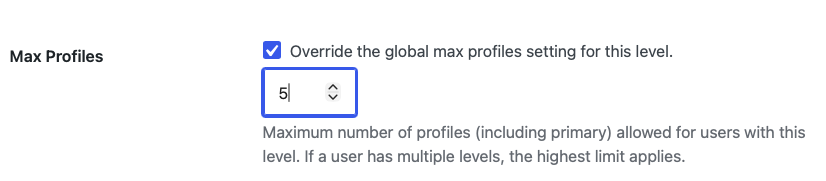 Screenshot of the Max Profiles level settings in PMPro