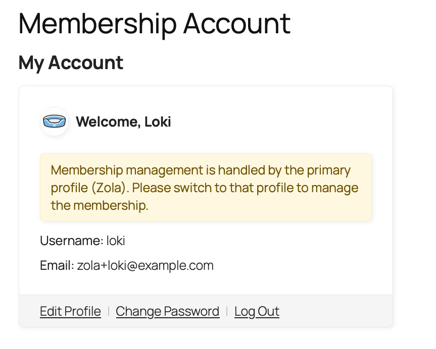 Screenshot of the message that is shown to sub-profiles when they try to manage their memberships