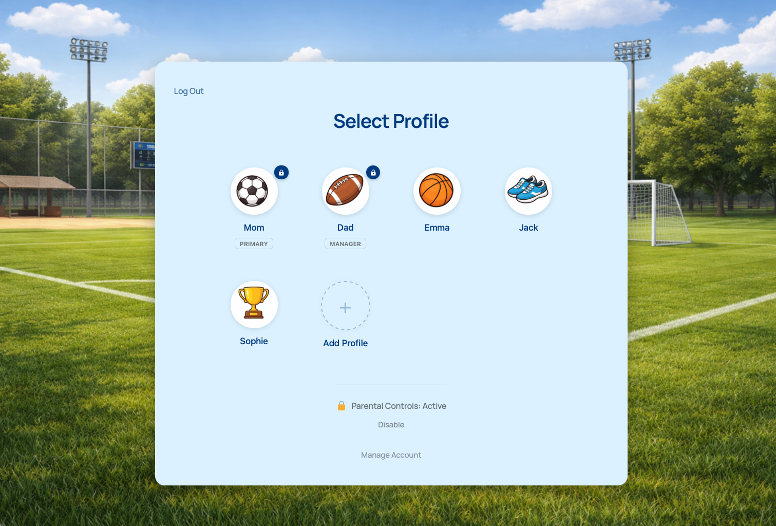 ProfileSwitch Select Profile screen showing several member profiles under one account