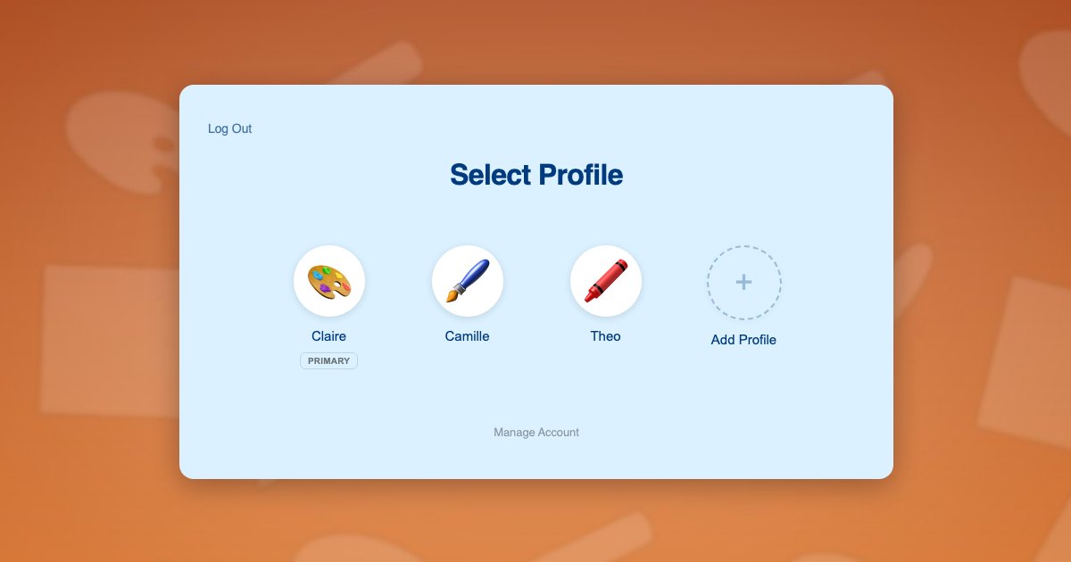 ProfileSwitch profile switcher on a kids art class website showing a parent profile and two young artist profiles