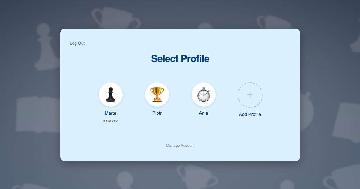 ProfileSwitch profile switcher on a kids chess academy website showing a parent profile and two player profiles
