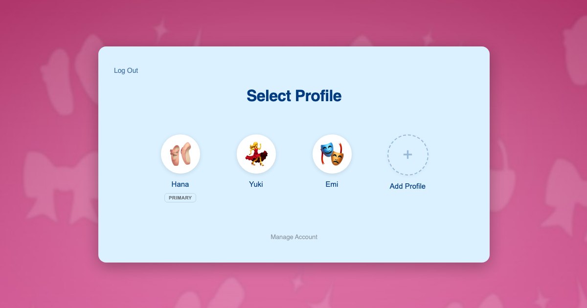 ProfileSwitch profile switcher on a dance school website showing a parent profile and two dancer profiles