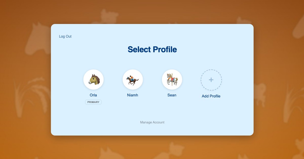ProfileSwitch profile switcher on an equestrian website showing a parent profile and two rider profiles