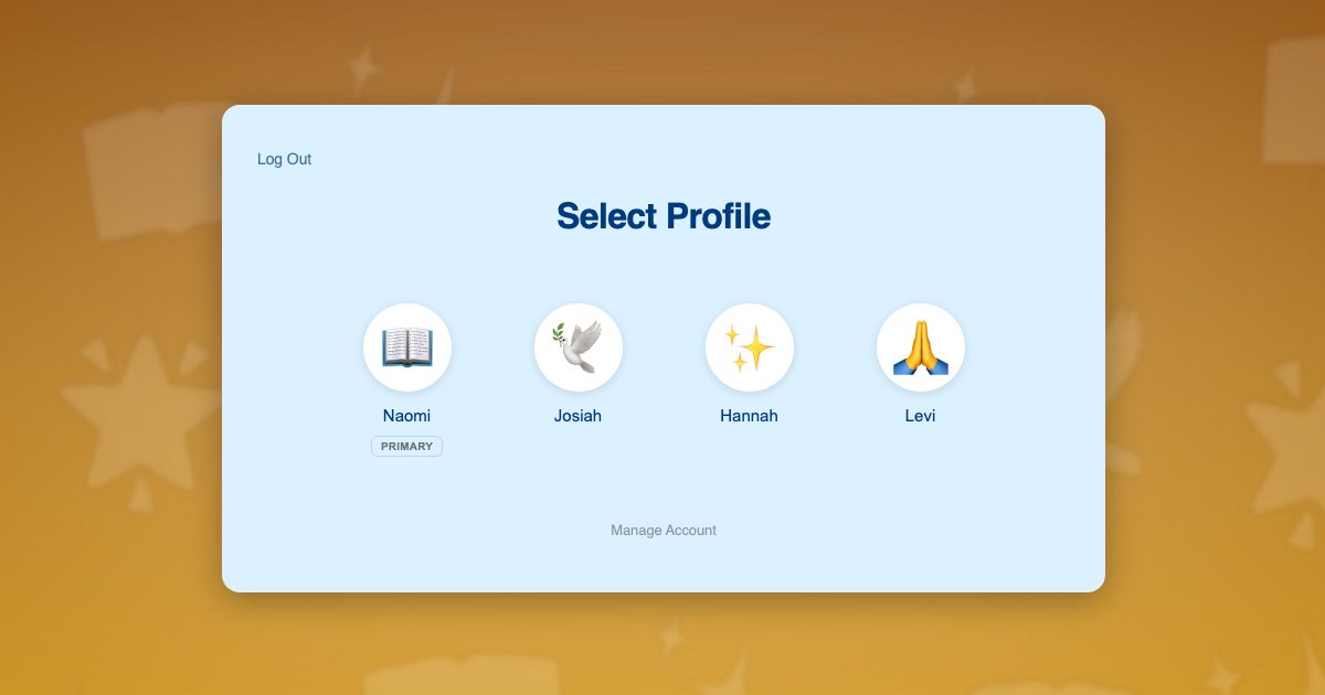 ProfileSwitch profile switcher on a faith-based kids curriculum website showing a parent profile and three child profiles