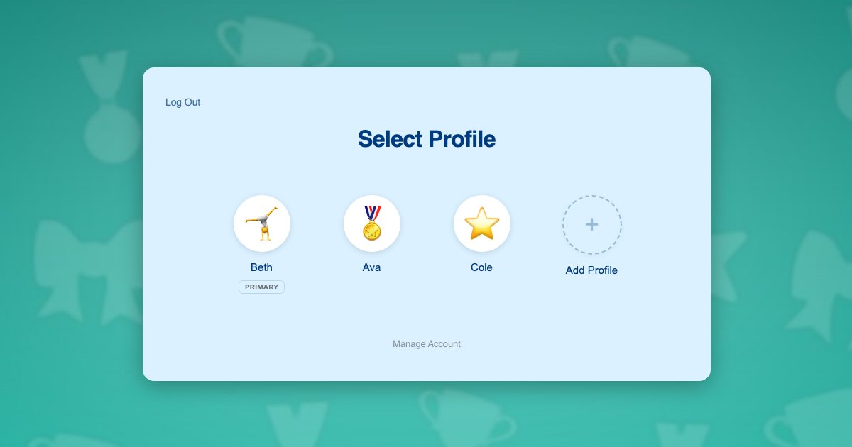 ProfileSwitch profile switcher on a gymnastics website showing a parent profile and two gymnast profiles