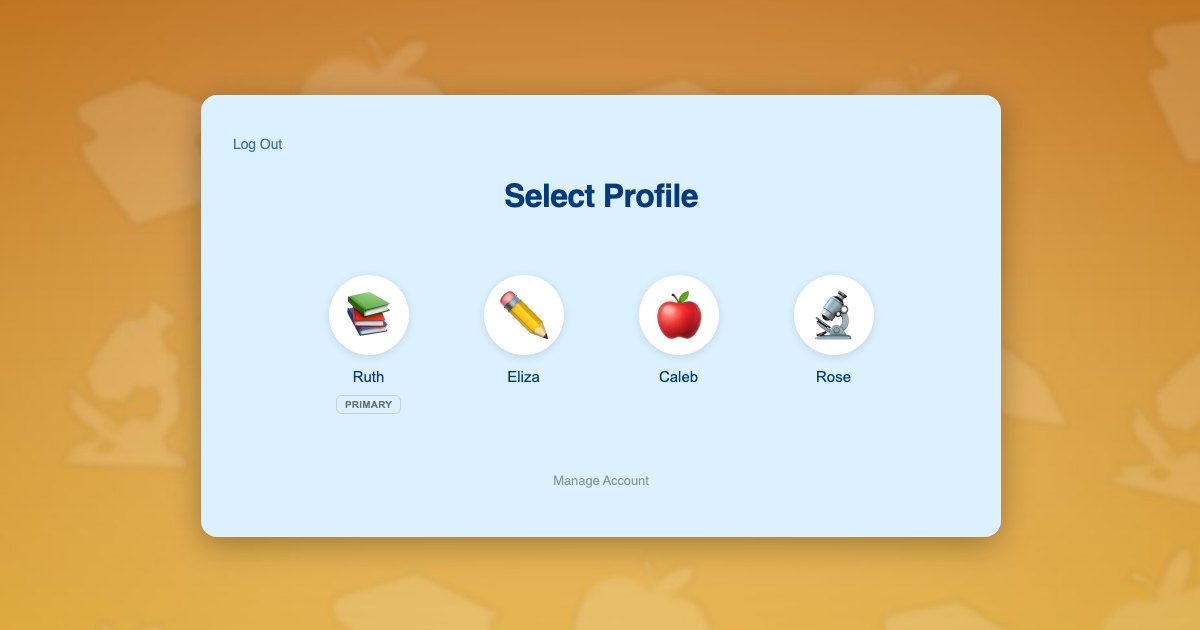 ProfileSwitch profile picker showing a parent and three children, each with a distinct preset avatar