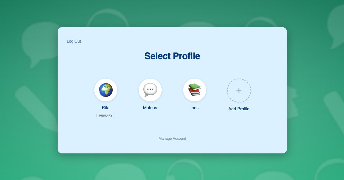 ProfileSwitch profile switcher on a kids language learning website with a parent profile and two learner profiles