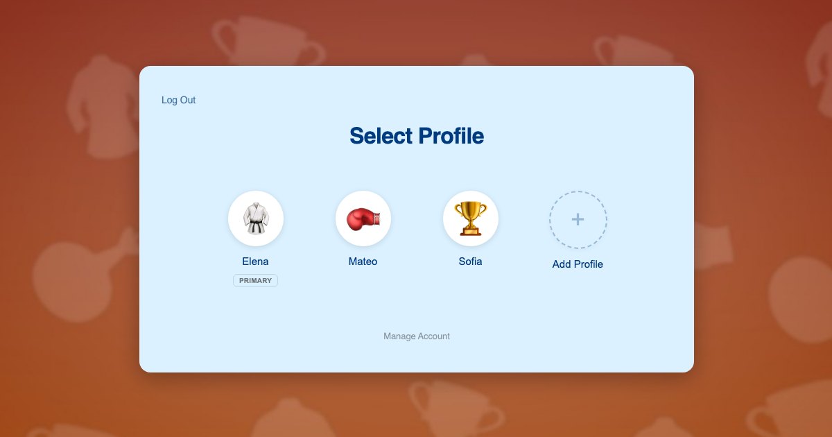 ProfileSwitch profile switcher on a martial arts school website with a parent profile and two student profiles