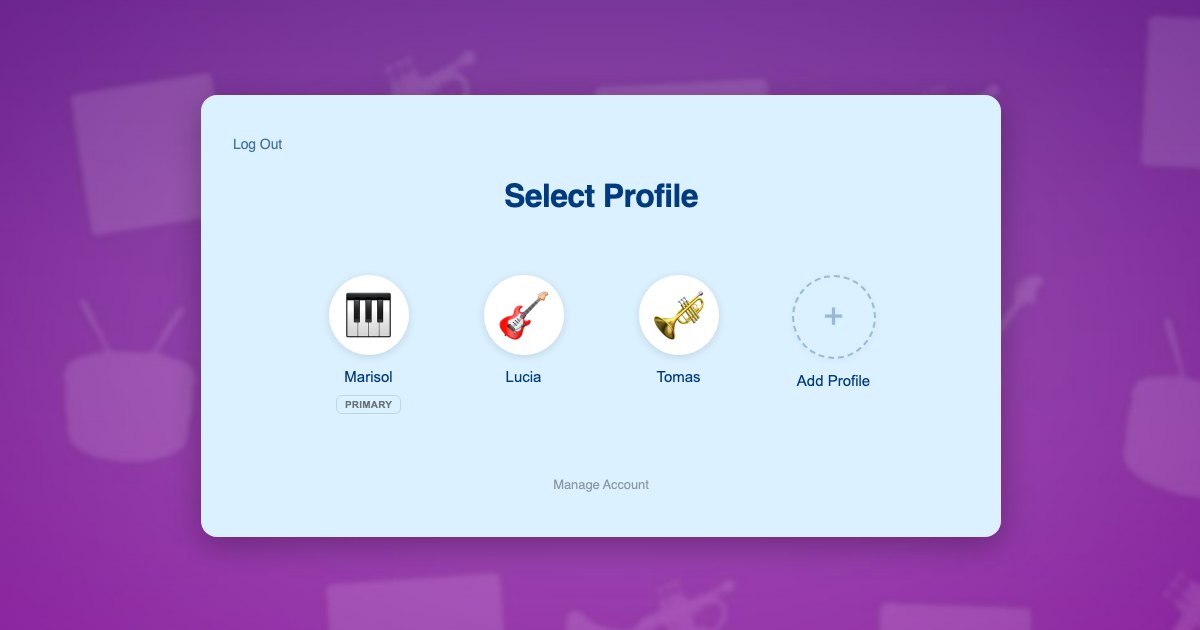 ProfileSwitch profile switcher on an online music lesson website with a parent profile and two student profiles
