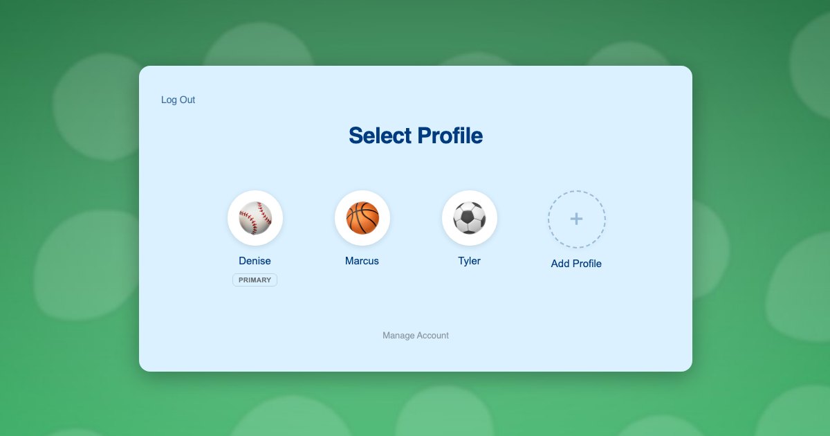 ProfileSwitch profile switcher on a youth sports training website with a parent profile and two athlete profiles