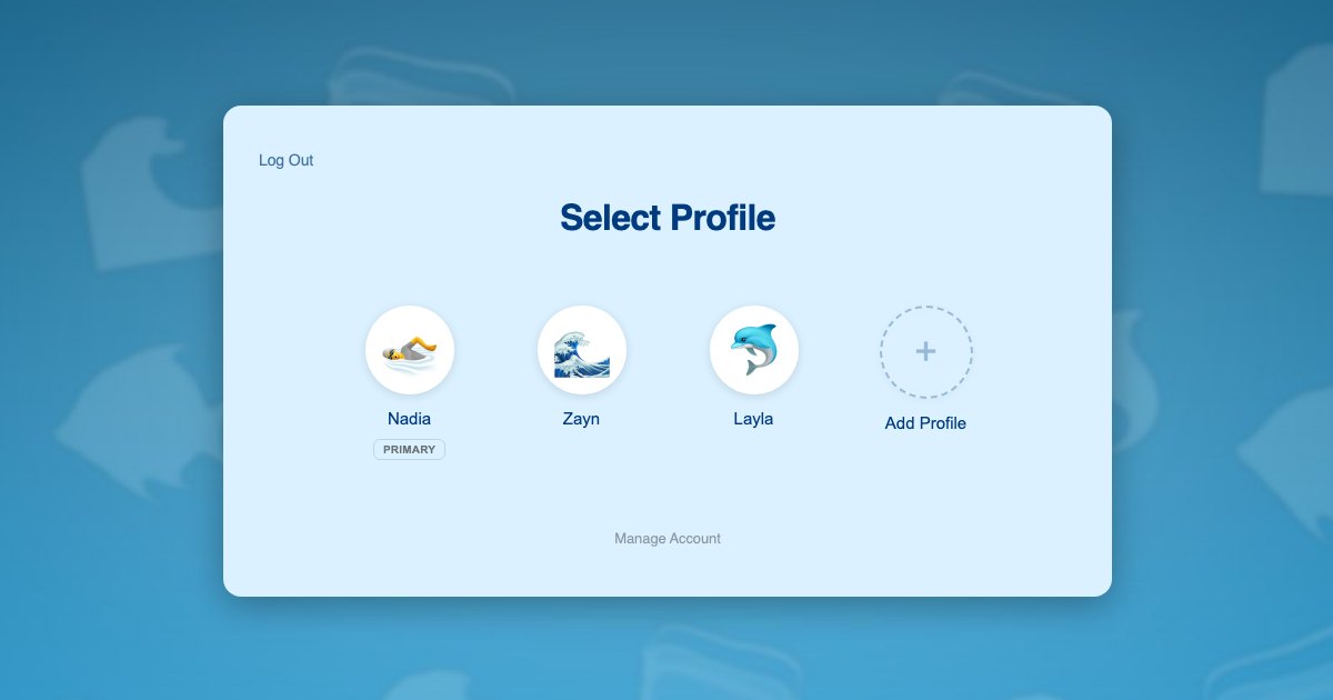 ProfileSwitch profile switcher on a swim school website showing a parent profile and two swimmer profiles