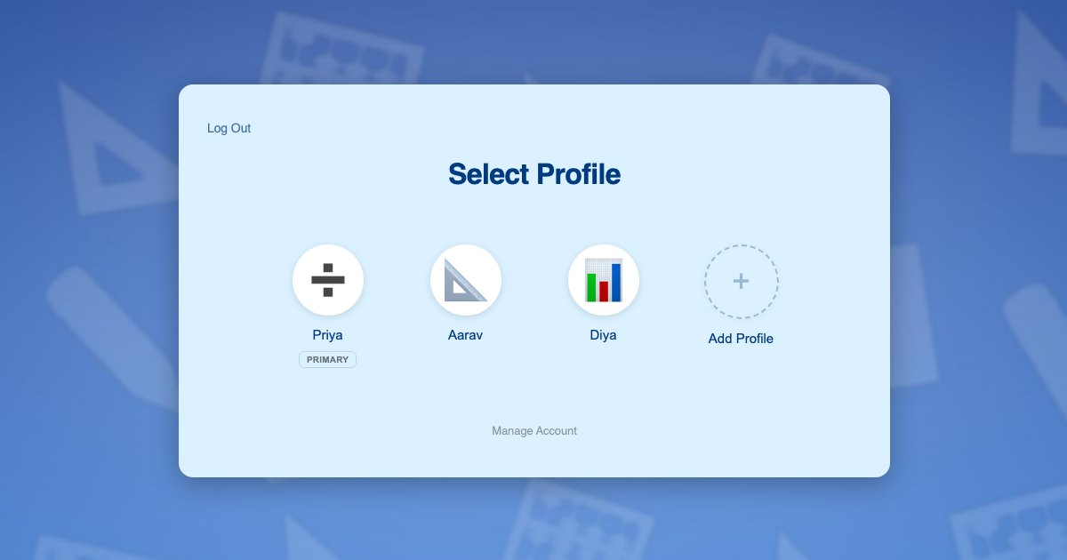 ProfileSwitch profile switcher on an online tutoring website showing a parent profile and two student profiles