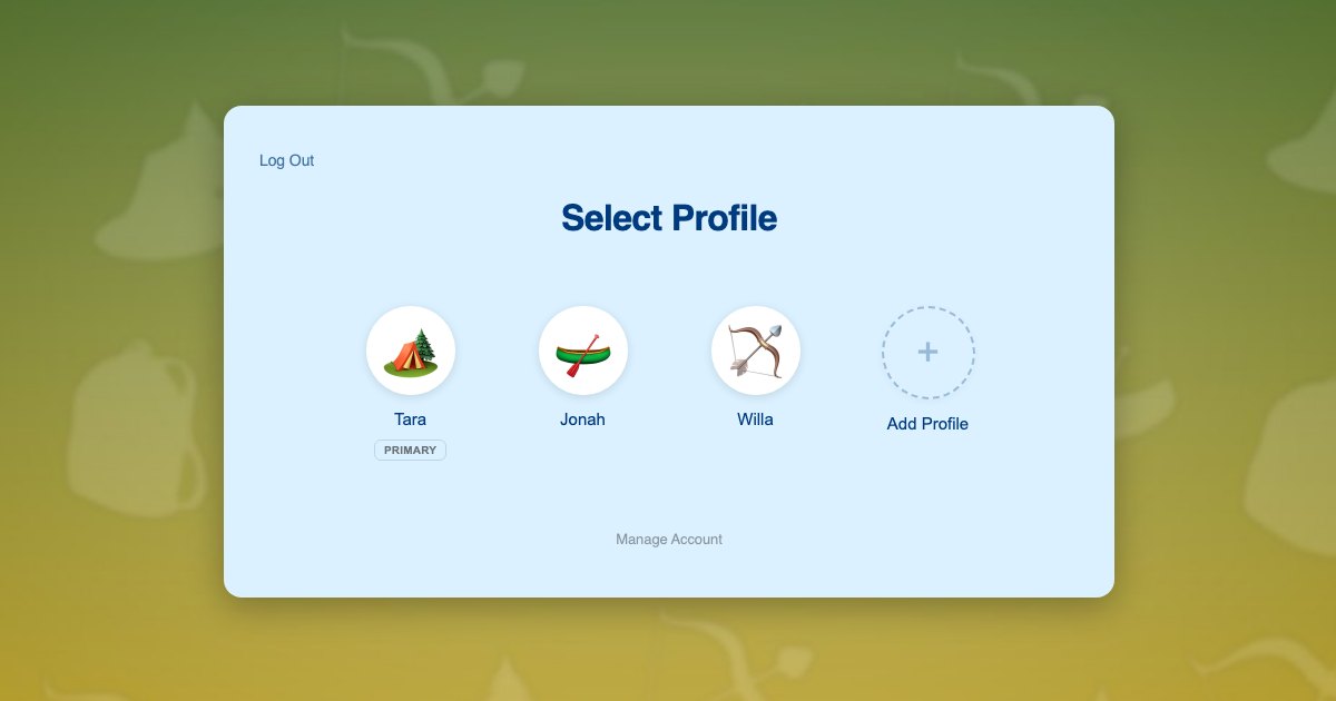 ProfileSwitch profile picker on a summer camp website showing a parent profile and three camper profiles